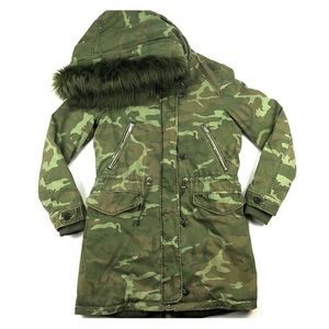 Zara Trafaluc Camo Coat Jacket Parka Faux Fur Hood